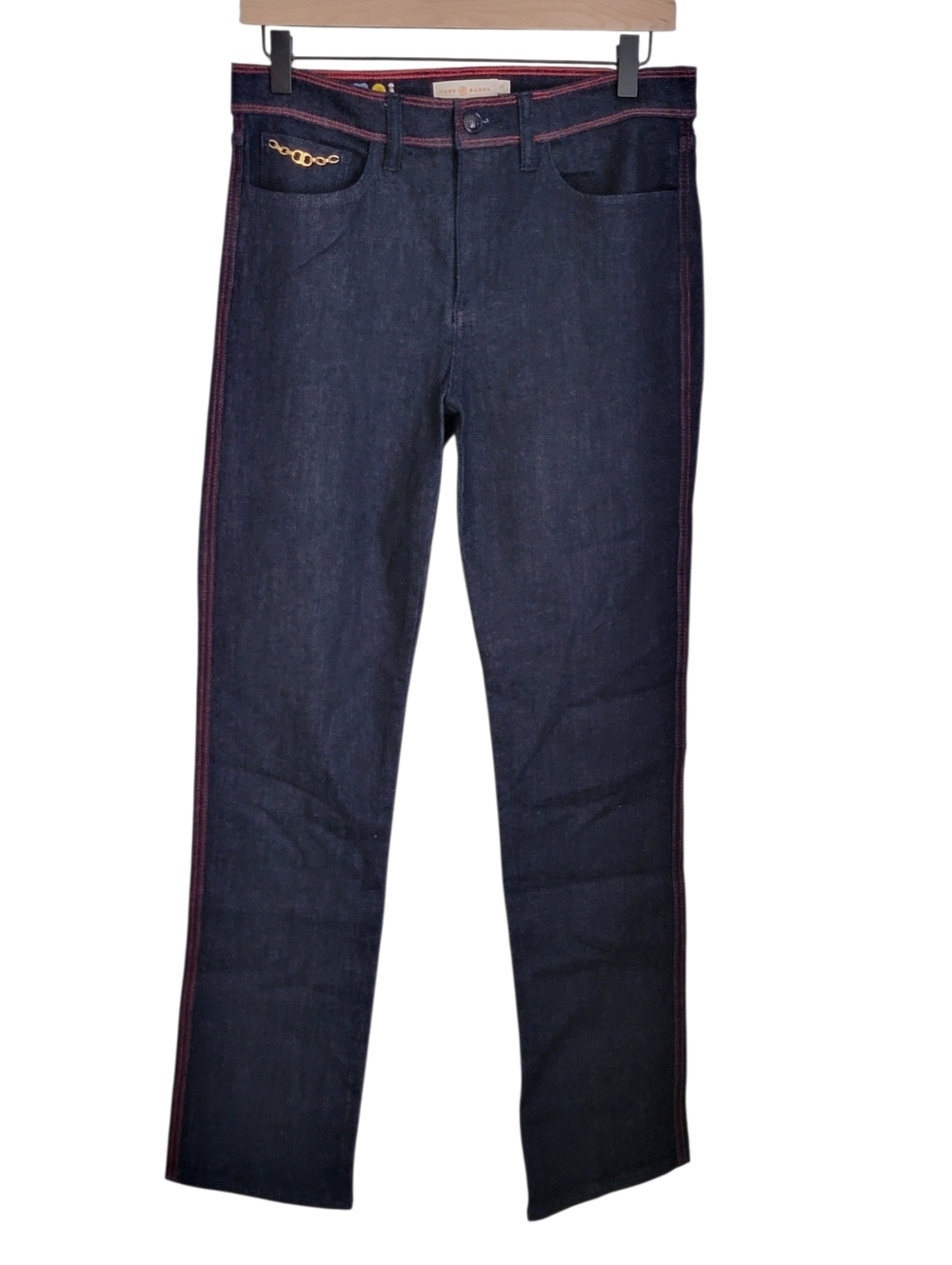 Tory Burch Dark Wash toi et moi Red Stitching Jeans Womens‎ Size 27